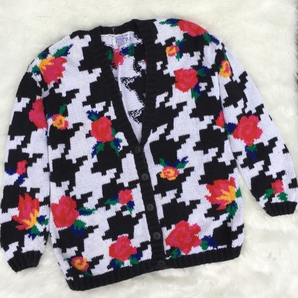 Vintage Houndstooth Bright Floral Cardigan XL
